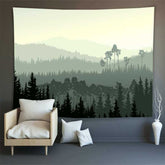 Lofaris Dense Fog And Light Green Mountain Forest Wall Tapestry